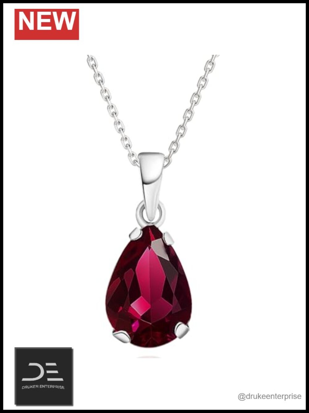 14K Solid White Gold Teardrop Pendant Necklace Birthstone Ruby